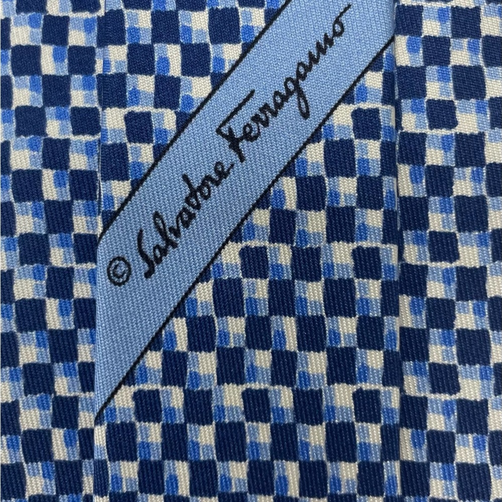 Salvatore Ferragamo 100% Silk Blue and White Checkered Tie